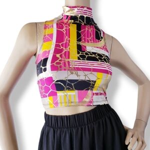 Cleo Pink, Black, Yellow & Gold Metallic High Collar Crop Top